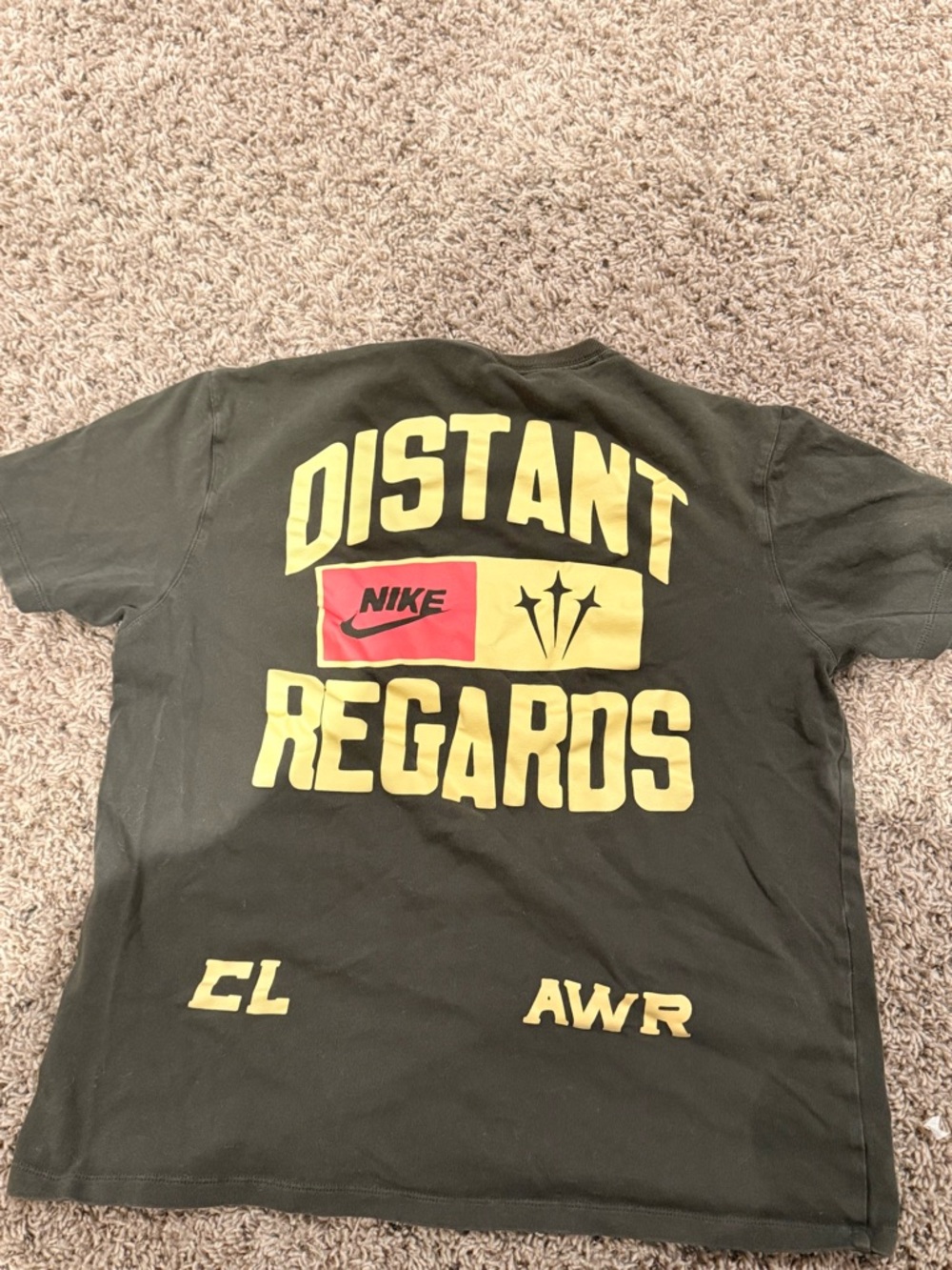 Nike Men's 'Distant Regards' Graphic Tee - Olive with Yellow & Red Print